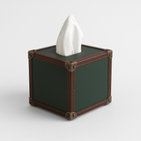Trunk tissue box in green leather, handcrafted home decor India - The Mage Home