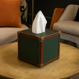 Trunk tissue box in green leather, handcrafted home decor India - The Mage Home