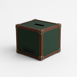 Trunk tissue box in green leather, handcrafted home decor India - The Mage Home