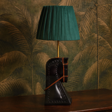 Modern Maharaja Horse Table Lamp carved wood base leather detail green and tan - The Mage Home