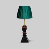 Regal horse table lamp close up carved wood and leather detail - The Mage Home