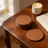 Round leather coasters, set of 4 handcrafted India - The Mage Home