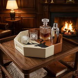 Tan and white leather hexagonal tray, handcrafted home decor India - The Mage Home