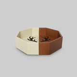 Tan and white leather hexagonal tray, handcrafted home decor India - The Mage Home