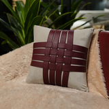 The Lace Cushion hand woven leather laces on plush fabric beige red - The Mage Home