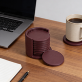 Stack leather coasters with holder, set of 4 handcrafted India - The Mage Home