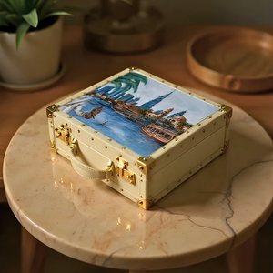 Arabesque Watch Box hand painted Dubai skyline leather 9 suede compartments brass - The Mage Home